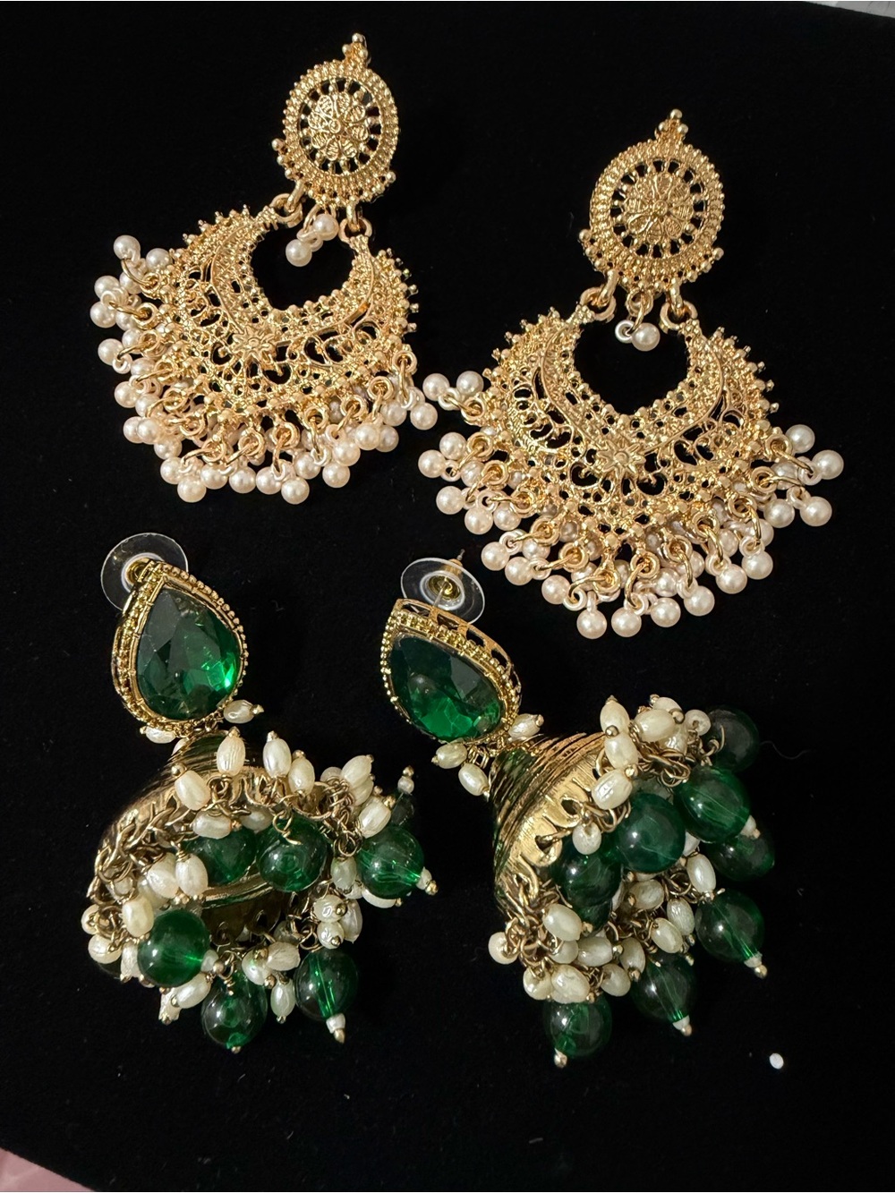 Gold Filigree Pearl Chandbali Earrings & Green Jhumka Drop Two Piece set